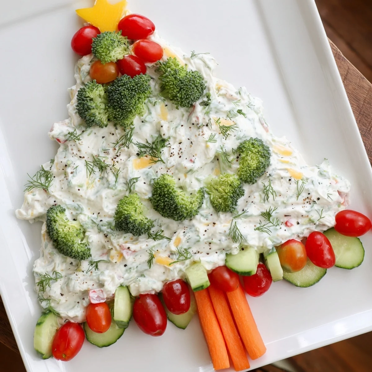 A gorgeous view of the prepared Simple Christmas Tree Dip, surrounded by enticing crackers and colorful, fresh vegetable garnishes.