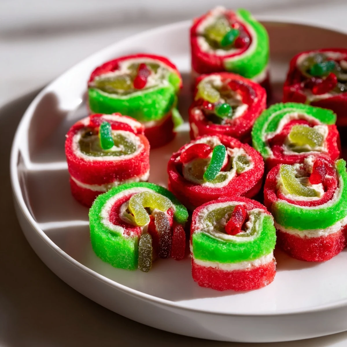Vibrantly colored Easy Christmas Fruit Rollup Sushi ready to be sliced, a fun holiday dessert for kids.