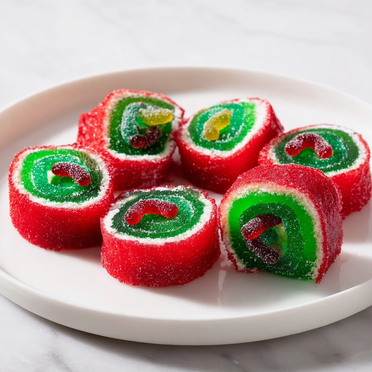 Colorful holiday Easy Christmas Fruit Rollup Sushi, showing the fun sushi roll layers with gummy worms.