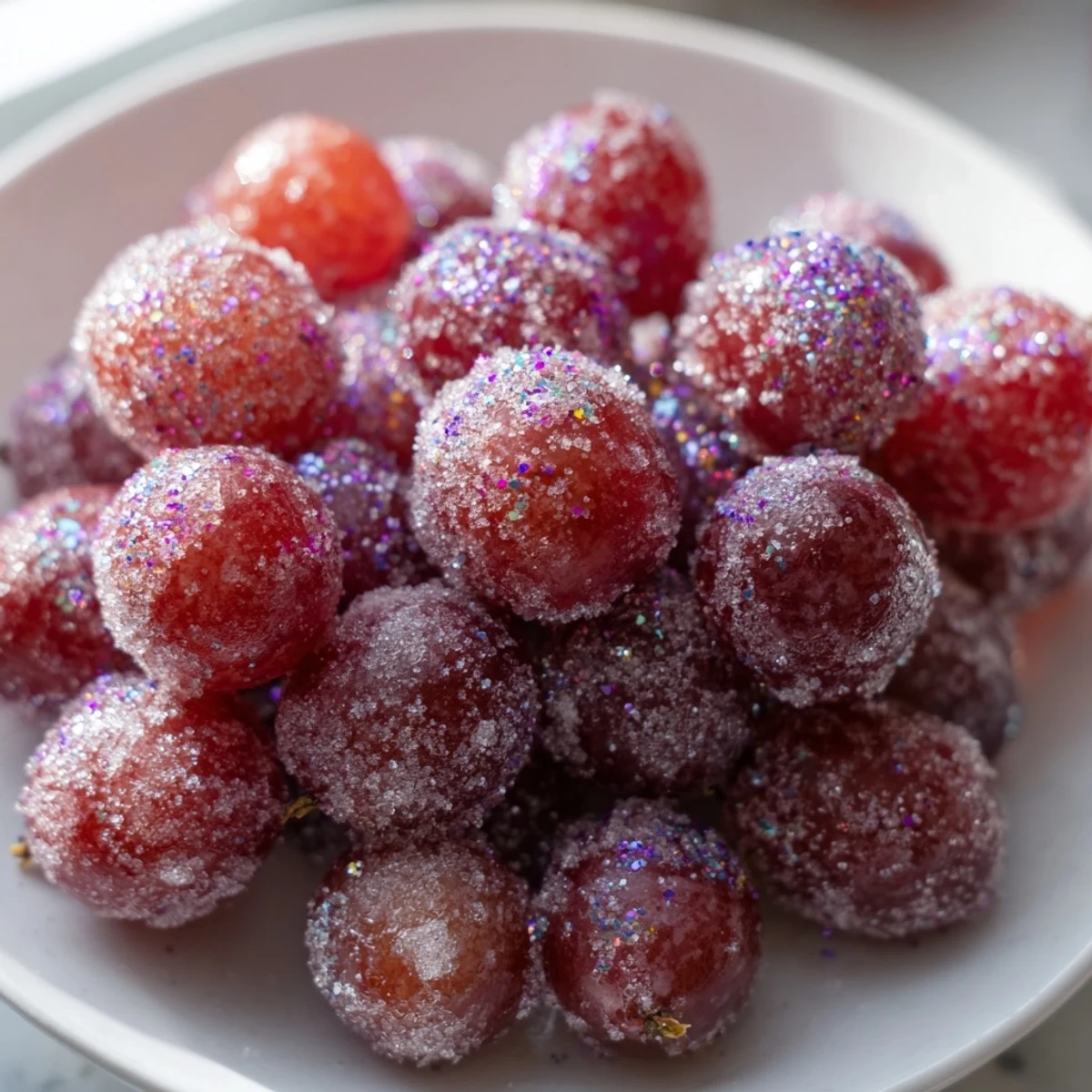 Frozen grape treats glistening with sugary crystals; a perfect, refreshing party snack.