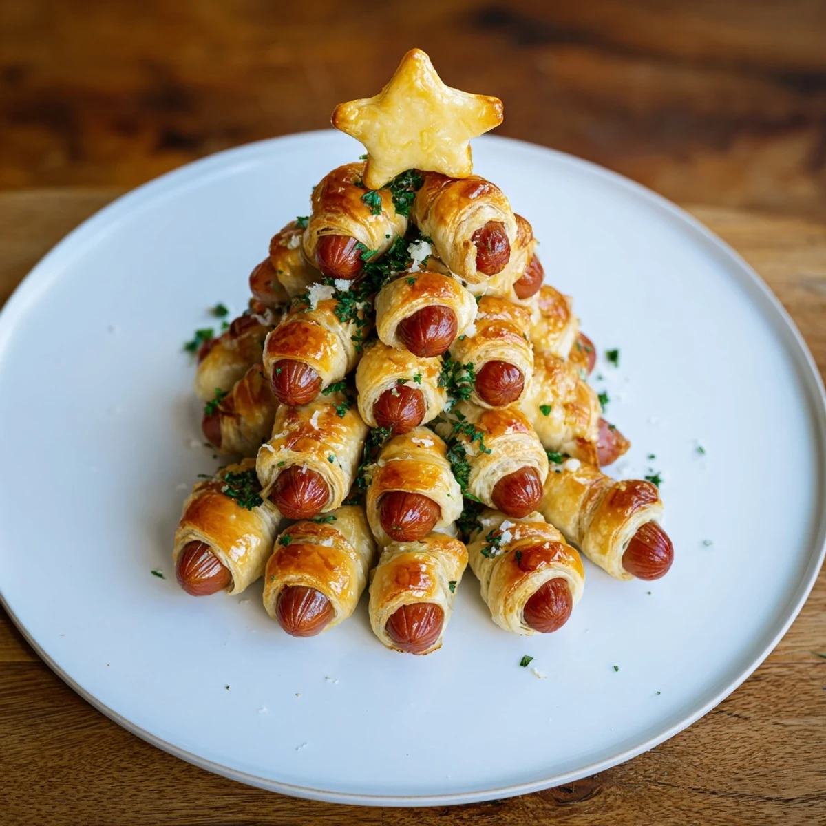 Flaky, warm, freshly baked Express Pigs in Blanket Christmas Tree, perfect for a cozy holiday appetizer.