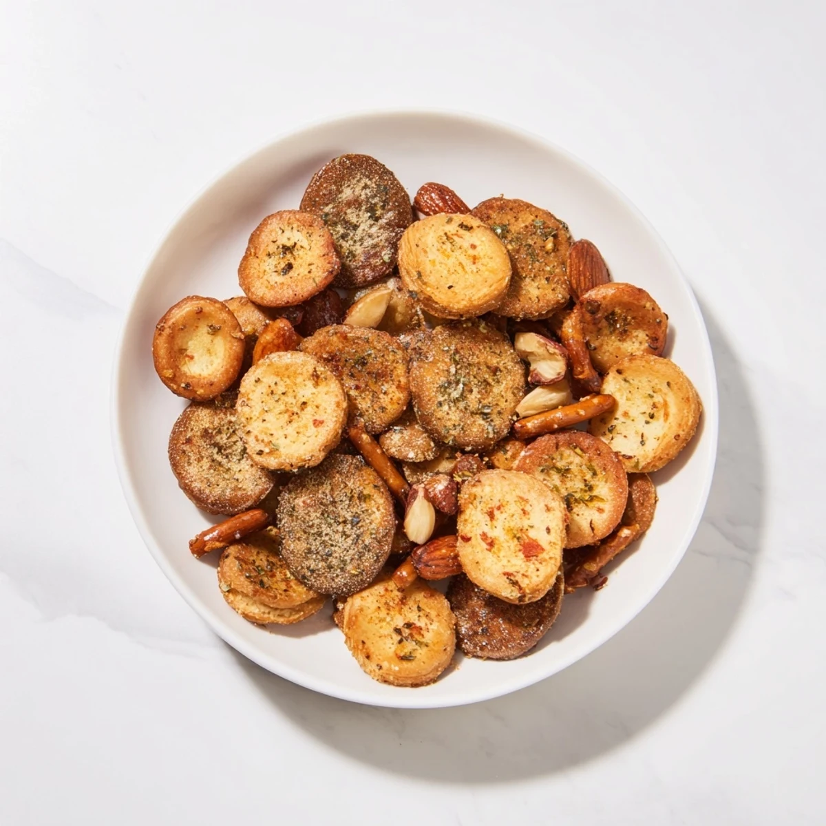 Golden-brown air fryer bagel chip Christmas mix with crunchy pretzels and festive candies.