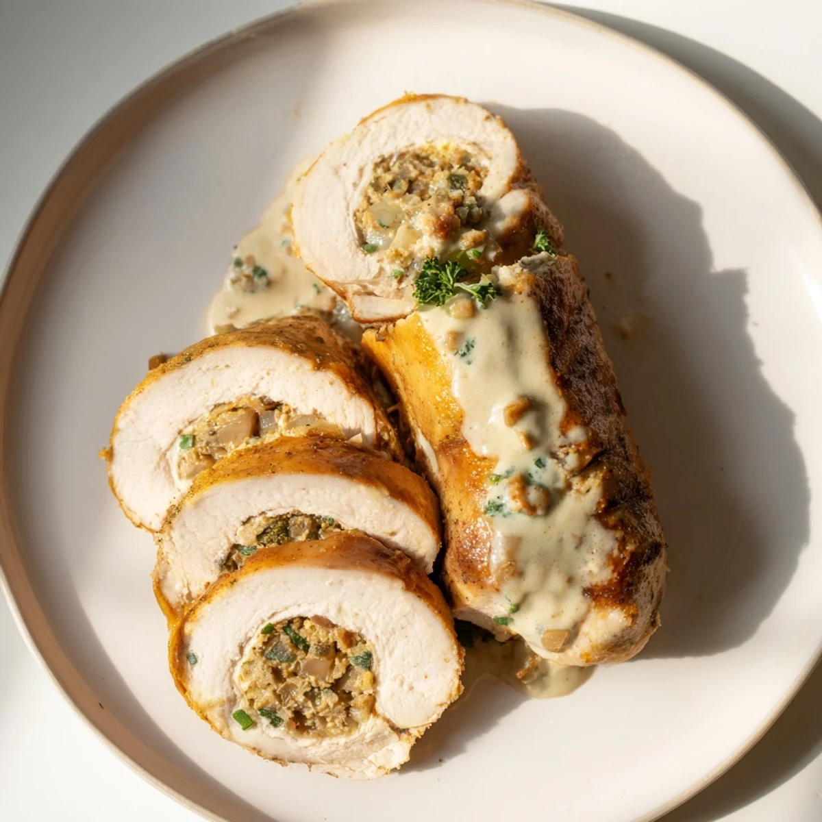 Golden-brown Marry Me Chicken and Stuffing Roulades, glistening with creamy sauce, ready to serve.