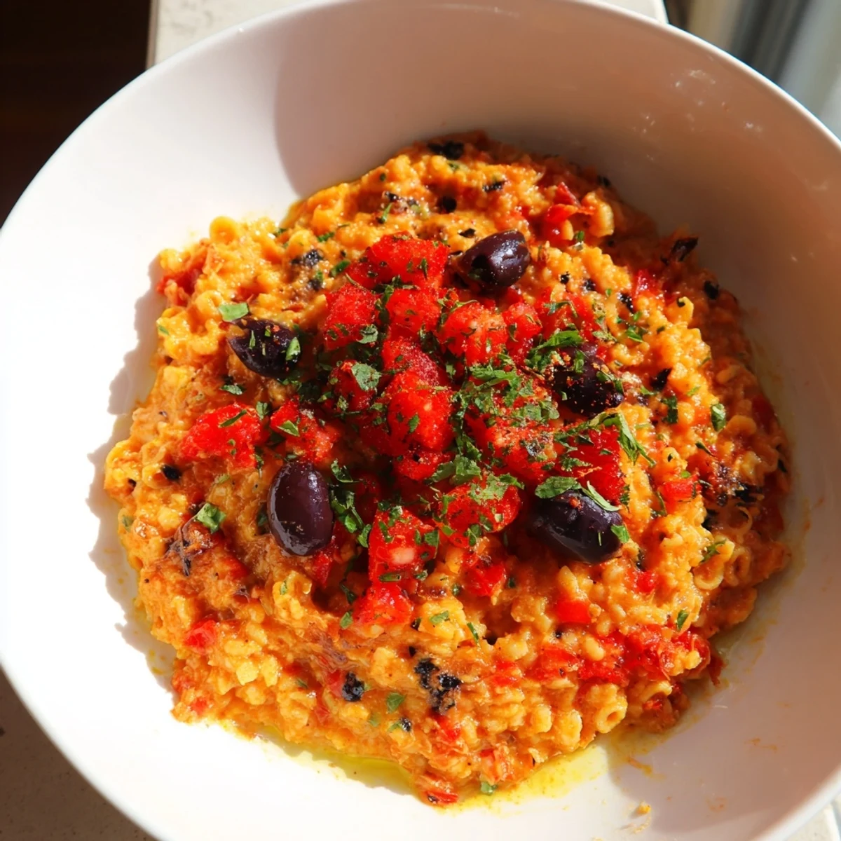 Steaming bowl of Puttanesca Ditalini: Short pasta, rich tomato sauce, salty olives, and capers.