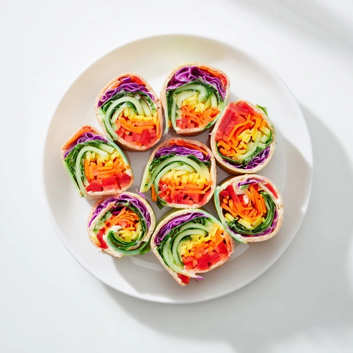 Close-up of Rainbow Veggie Christmas Lights Wrap Pinwheels: fresh, rolled wraps sliced, featuring festive veggie patterns, perfect party food.