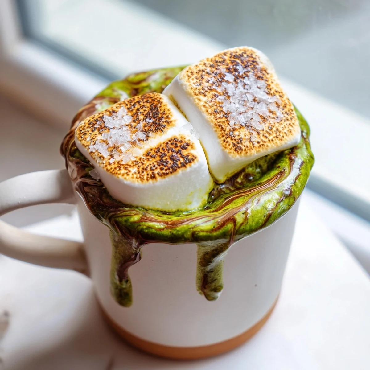 Warm toasted marshmallows float atop creamy matcha hot cocoa in a rustic mug.