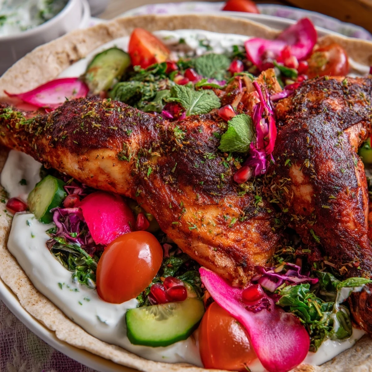 Tender Greek yogurt shawarma chicken wraps, bursting with colorful holiday vegetables and creamy sauce.