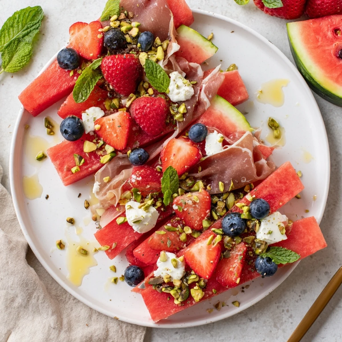 A close-up of a refreshing Watermelon Slice Charcuterie platter, bursting with color and delicious flavors for everyone.
