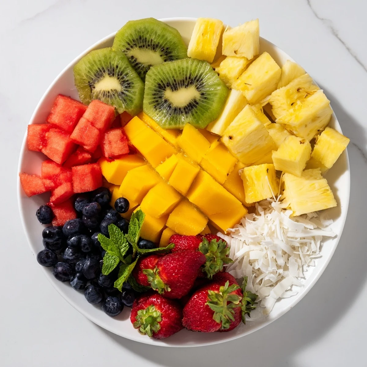 Brightly colored tropical pineapple platter, perfect for a refreshing vegan dessert, bursting with flavor.