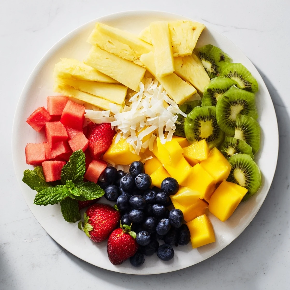 A beautifully arranged fruit platter showcasing ripe pineapple spears alongside other fresh tropical favorites.