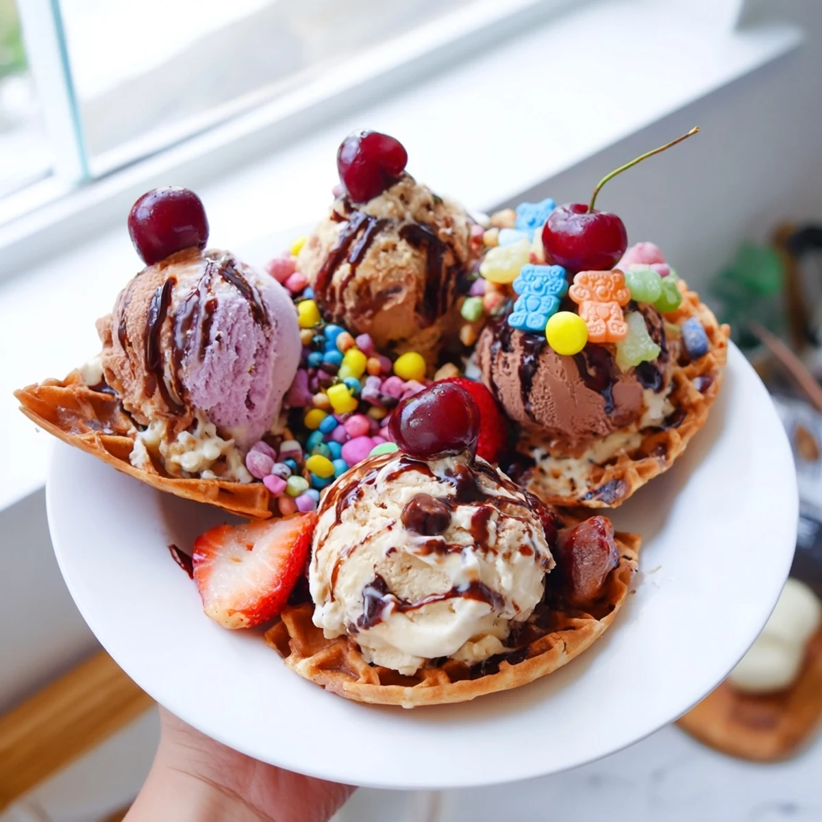 Vibrant Ice Cream Cone Grazing Board offering sweet cones, fresh fruit, and colorful toppings for a party.