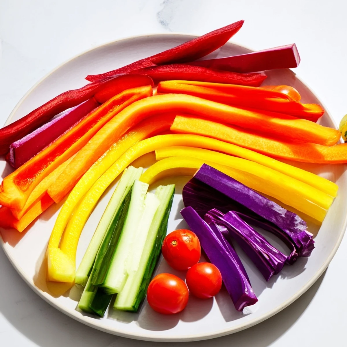 Rainbow Arch Bright Veggie Sticks, a colorful array of crunchy, fresh vegetables ready to be dipped and enjoyed.