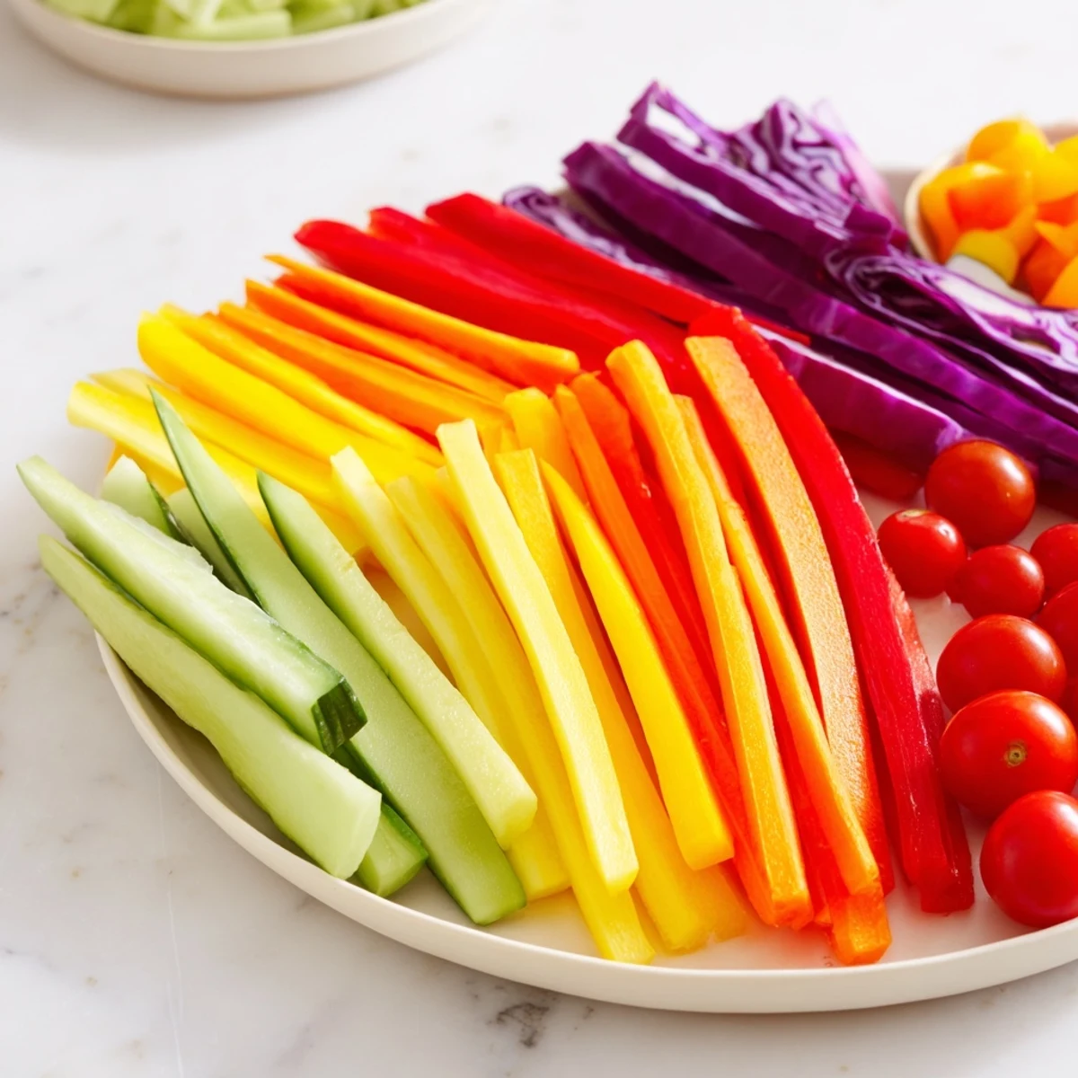 Vivid Rainbow Arch Bright Veggie Sticks appetizer, a healthy and visually appealing snack board perfect for sharing.