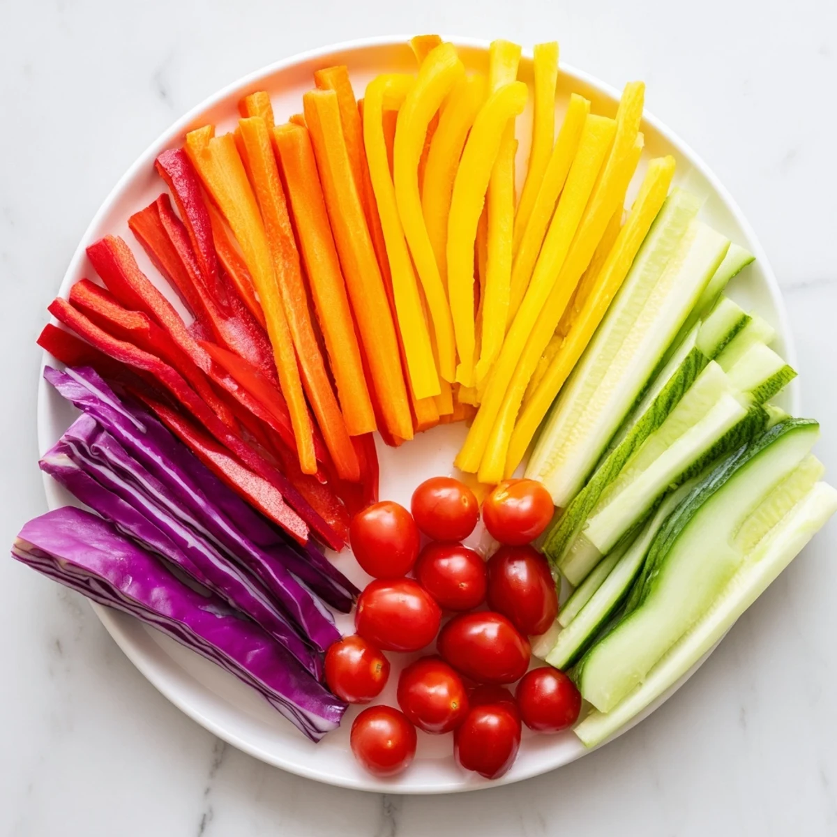 Beautifully arranged Rainbow Arch Bright Veggie Sticks, a delightful medley of vibrant veggie sticks, easy and enticing.