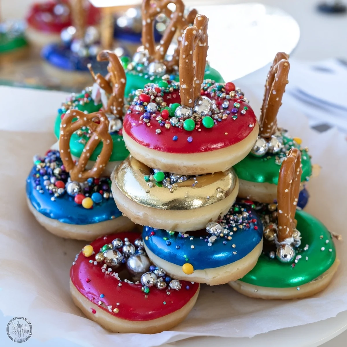 Stacked donut Christmas ornament tower glistening with colorful icing, ready for holiday feasts.