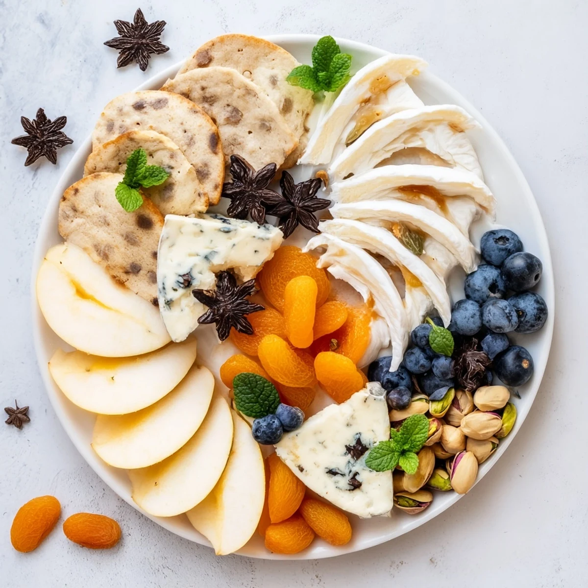 A visually stunning Crescent Moon Midnight Snack Board with brie, cheddar and a starry chocolate sprinkle.
