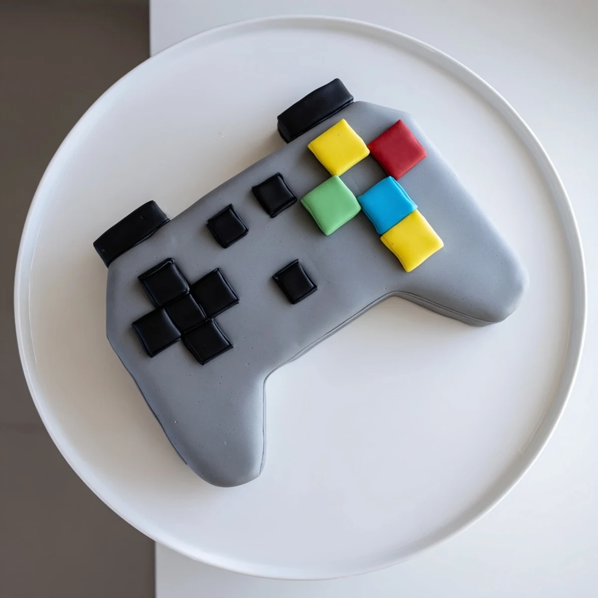 Delicious vanilla Pixel Video Game Controller Cake, ready to serve with beautifully detailed button fondant.
