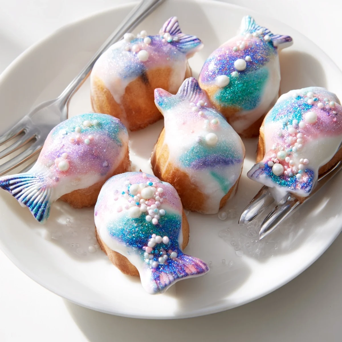 Close-up of pastel-colored Mignardises Queue de Sirène, beautifully decorated, ready for teatime enjoyment.