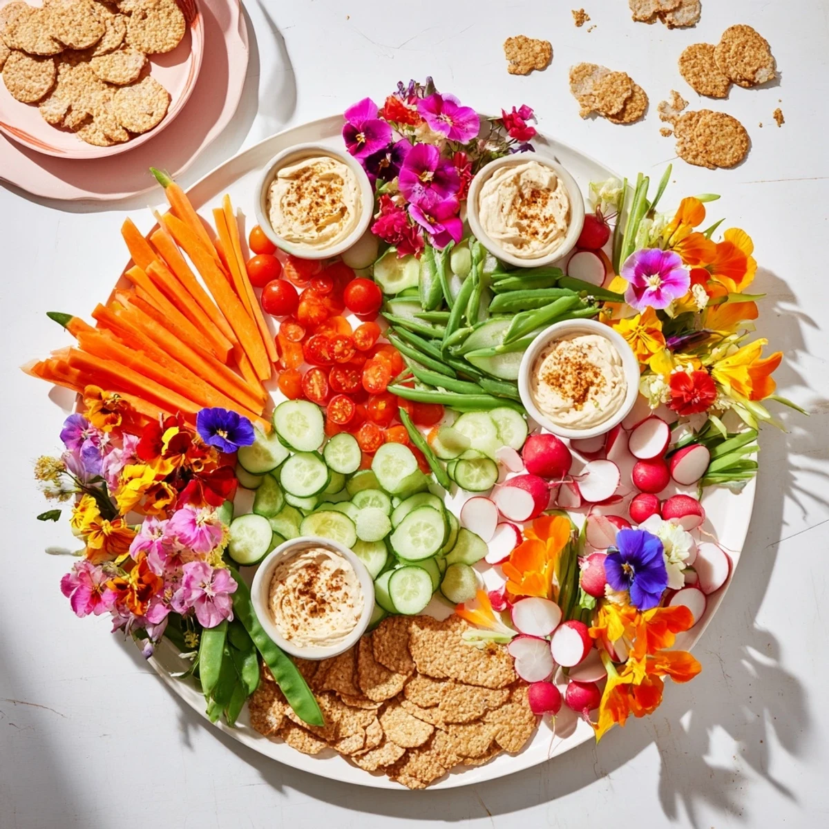Vibrant photo of fairy garden platter: edible flowers, colorful veggies, and creamy dips.