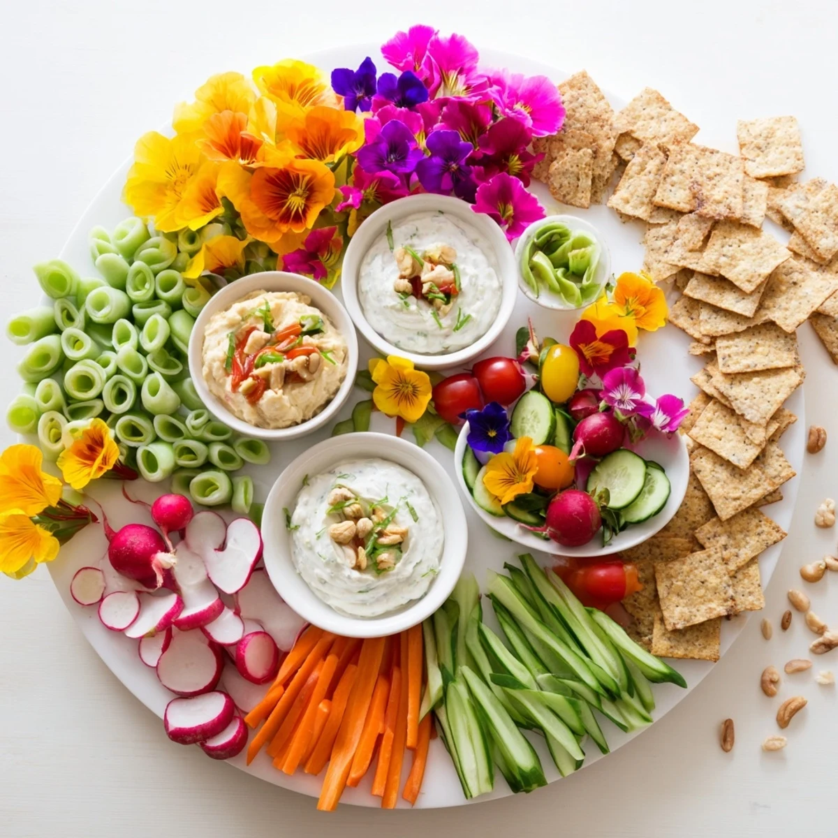 This fairy garden platter boasts fresh vegetables and edible flowers ready to eat with dips.