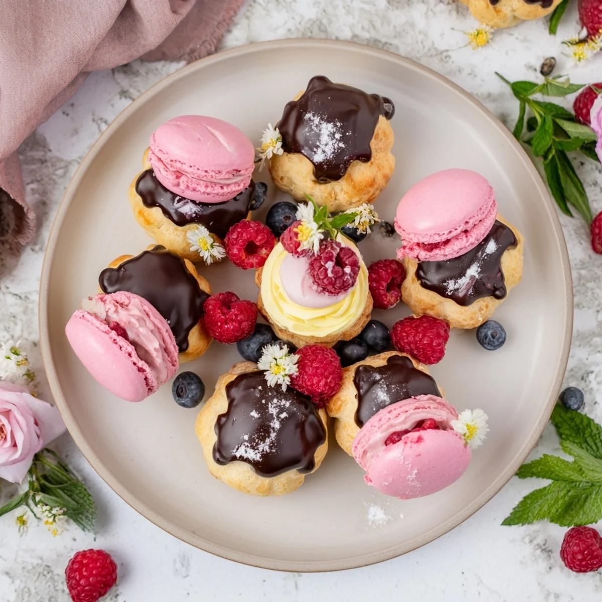 Elegant Montgolfière Dessert Platter featuring miniature French pastries and fresh berries, ready to serve.
