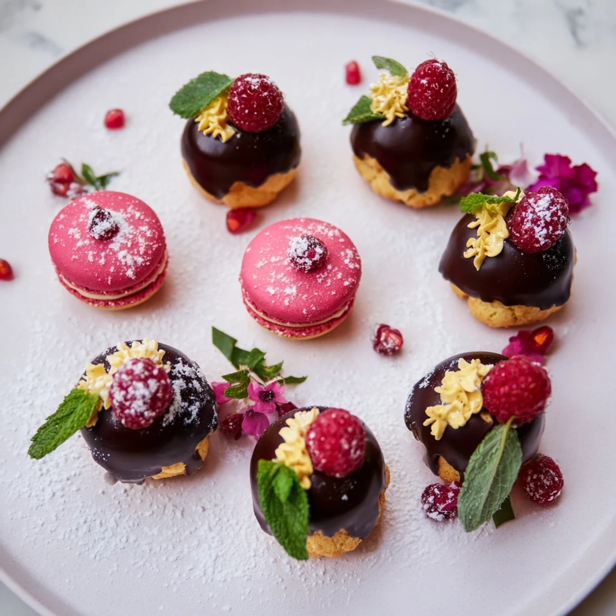 A visually stunning display: the Montgolfière Dessert Platter with delicate chocolate ganache-filled choux puffs.
