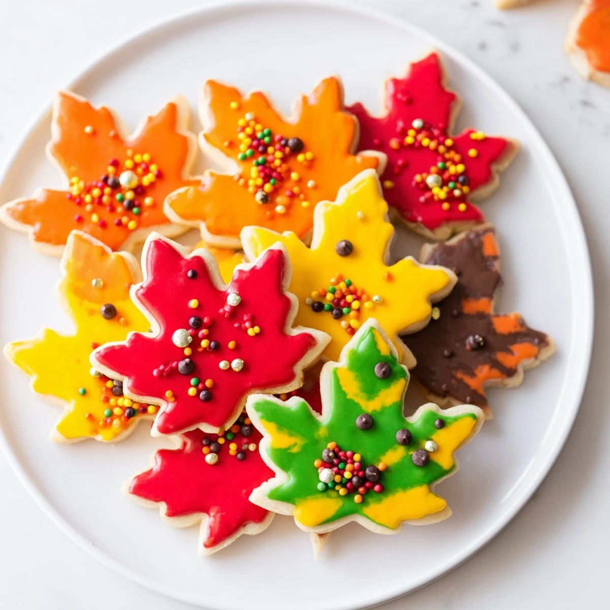 Vibrant image: Decorated Maple Leaf Cookies with colorful icing and festive sprinkles ready to enjoy.