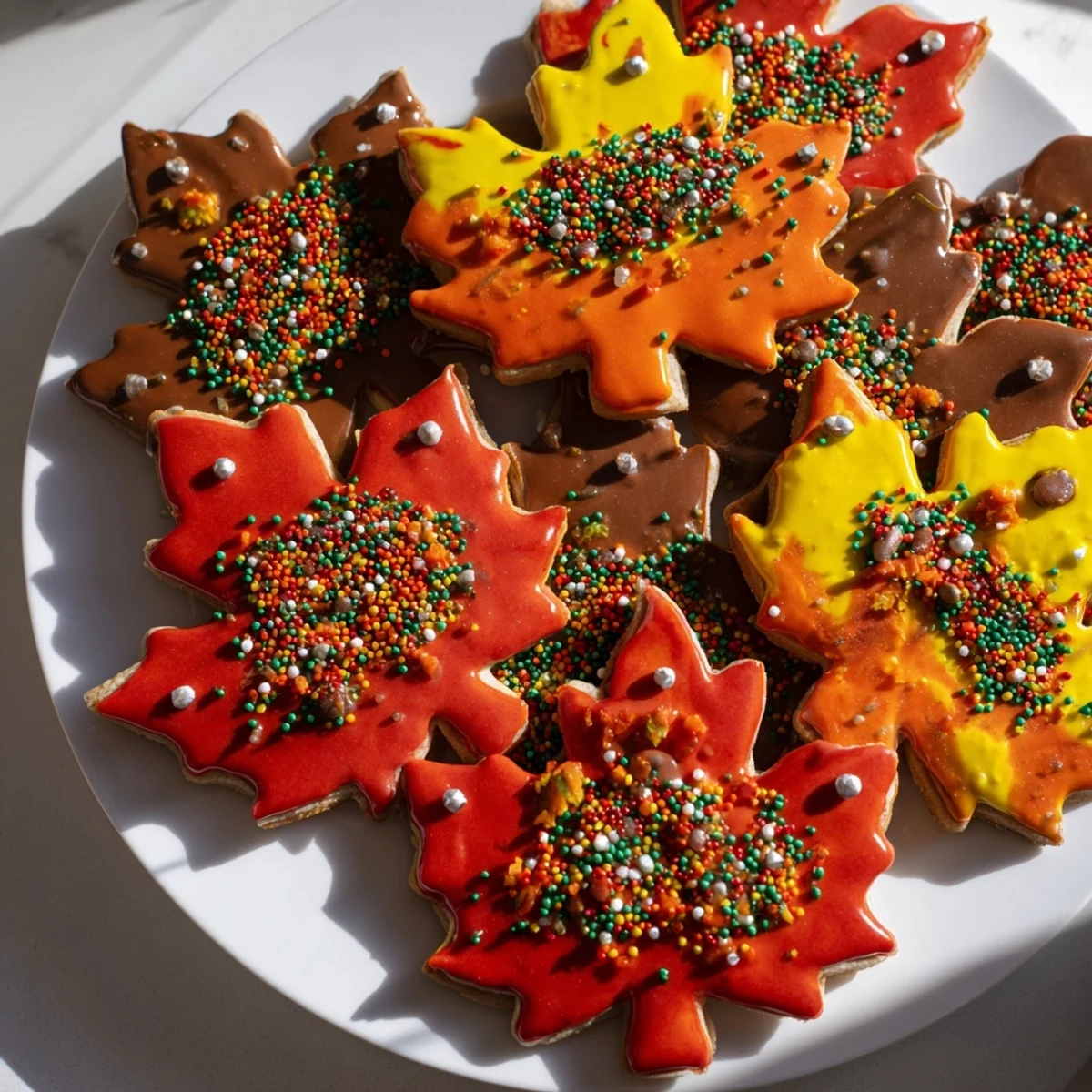 Close-up of a beautifully decorated Maple Leaf Cookie shows detailed icing and edible glitter.
