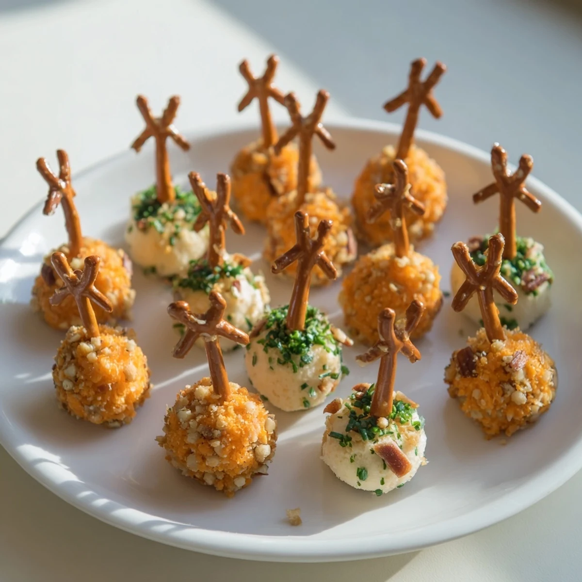Savory acorn-shaped cheese ball bites, coated in pecans and herbs, offer a delightful autumnal appetizer.