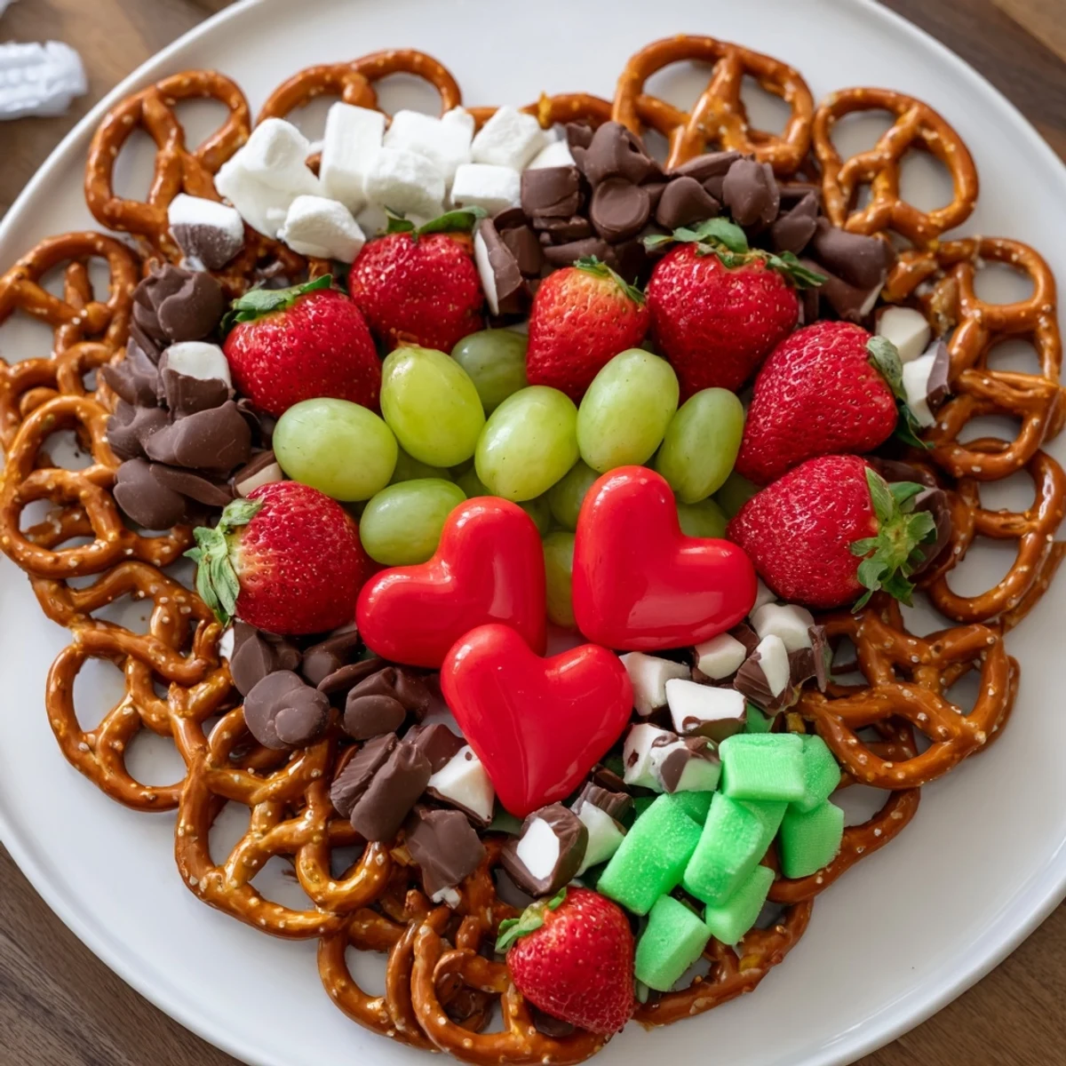 A vibrant Grinch's Heart Pretzel Board with pretzels, fruits and, heart candies perfect for festive snacking.