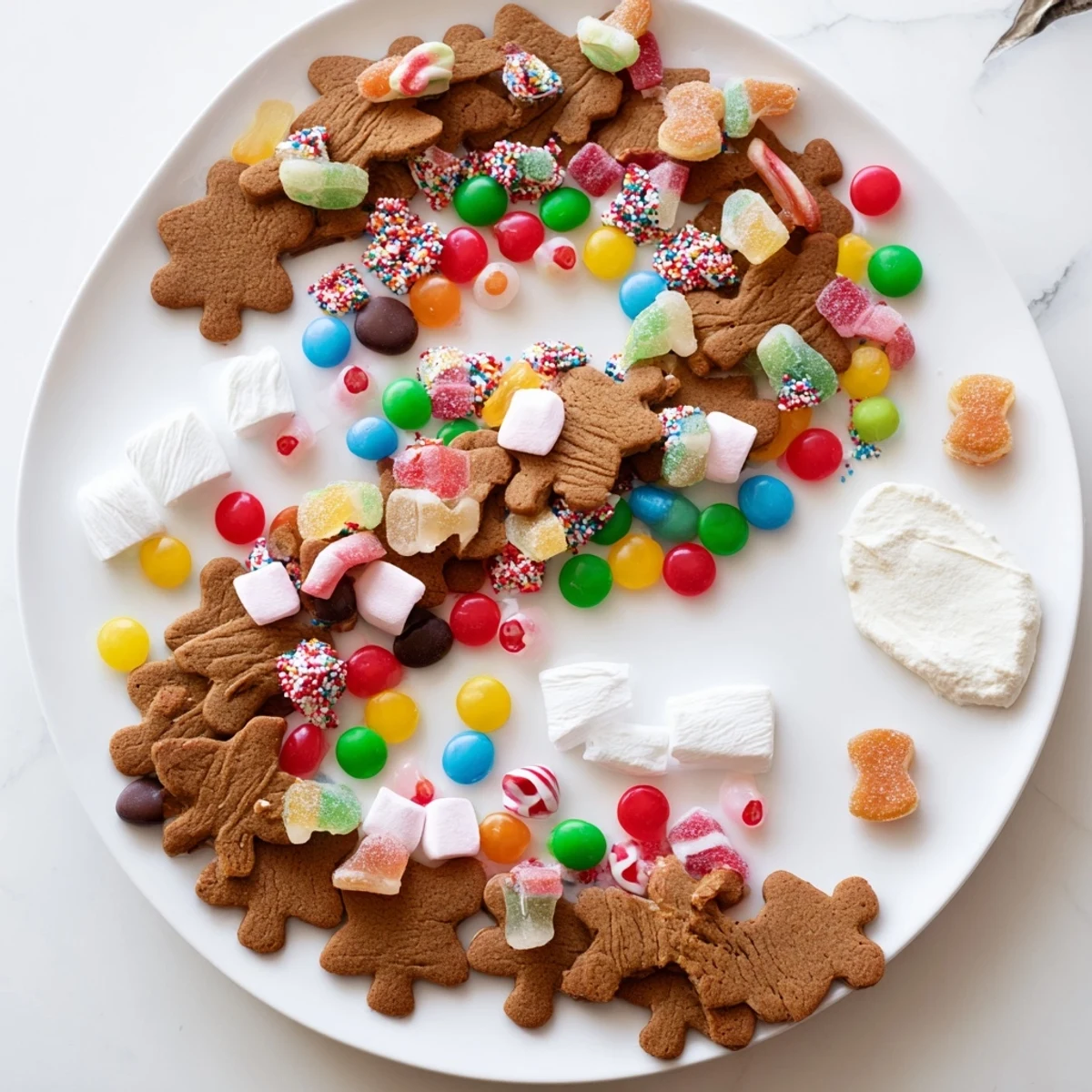 Delicious Candy Land Gingerbread Path Dessert Board, full of candies and gingerbread paths ready to enjoy.