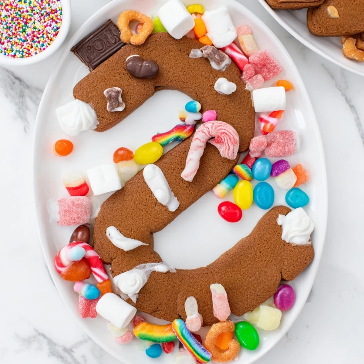 Brightly colored Candy Land Gingerbread Path dessert board featuring a winding gingerbread trail with sweet treats.