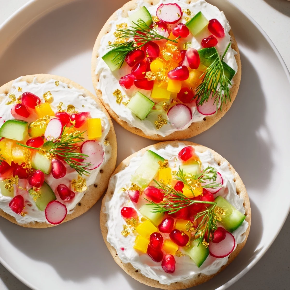 Festive Ornament Shaped Cracker Toppings feature colorful, creamy spreads crowned with fresh vegetables and herbs.
