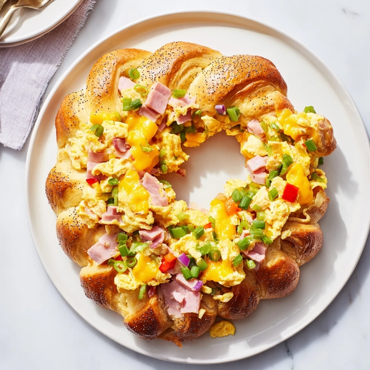 Golden-brown Wreath-Shaped Egg and Ham Bake, a savory brunch recipe with fluffy eggs and ham.