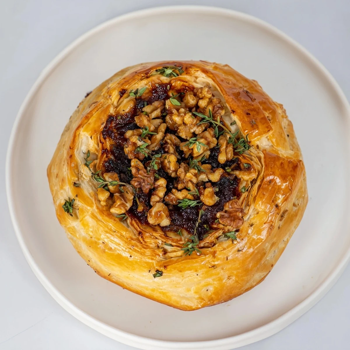 Golden-brown Baked Brie with fig jam, perfect as a warm, comforting appetizer, ready to eat.