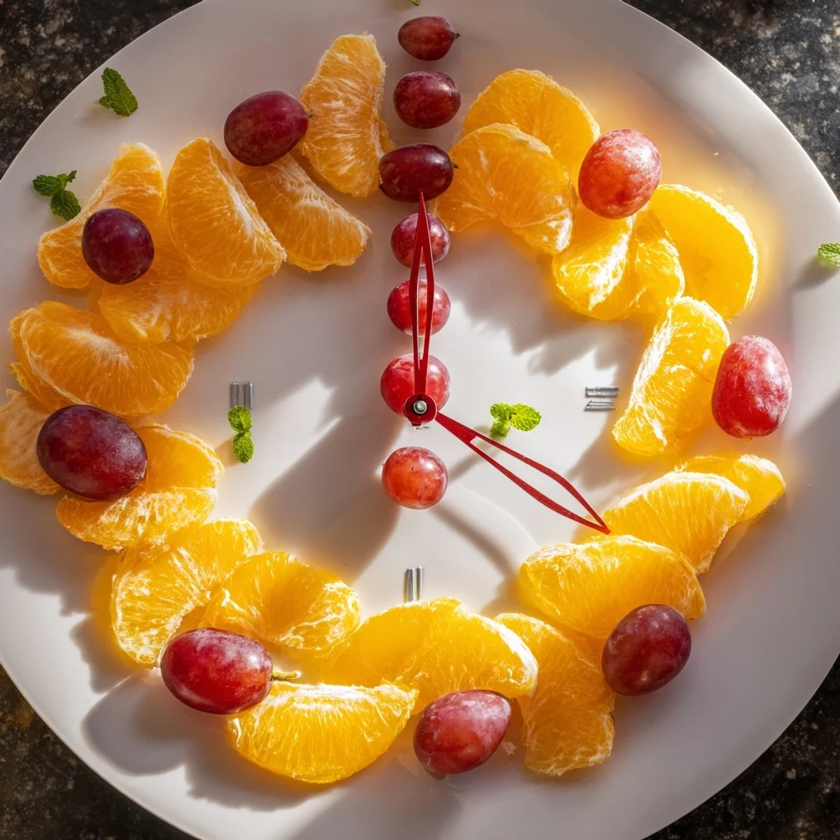 A vibrant Grape and Orange Slice Clock Face features juicy orange wedges and sweet grapes arranged beautifully for a snack.