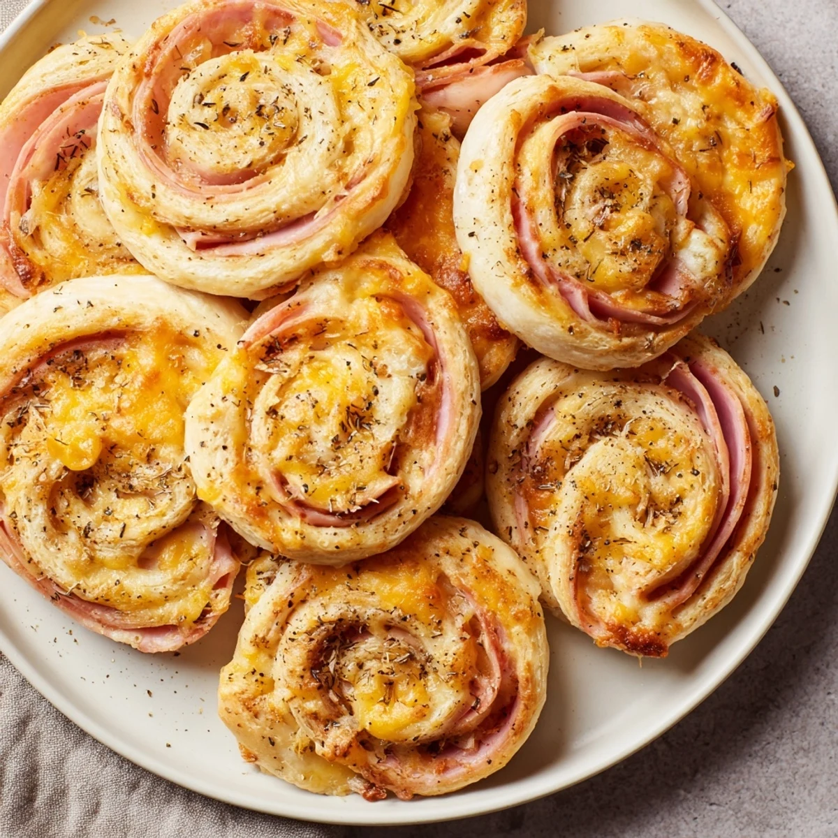Golden, flaky Savory Ham and Cheese Pinwheel Rolls fresh from oven, smelling so delicious for lunch.