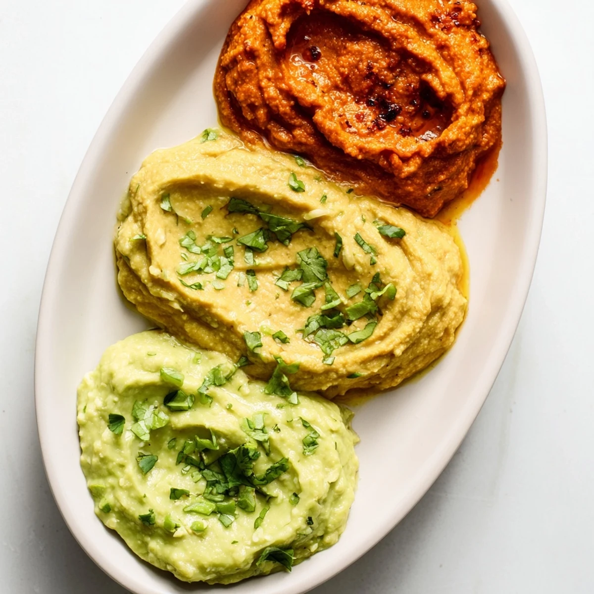 A colorful Dip Trio: avocado, red pepper, and turmeric hummus side by side, ready to serve.