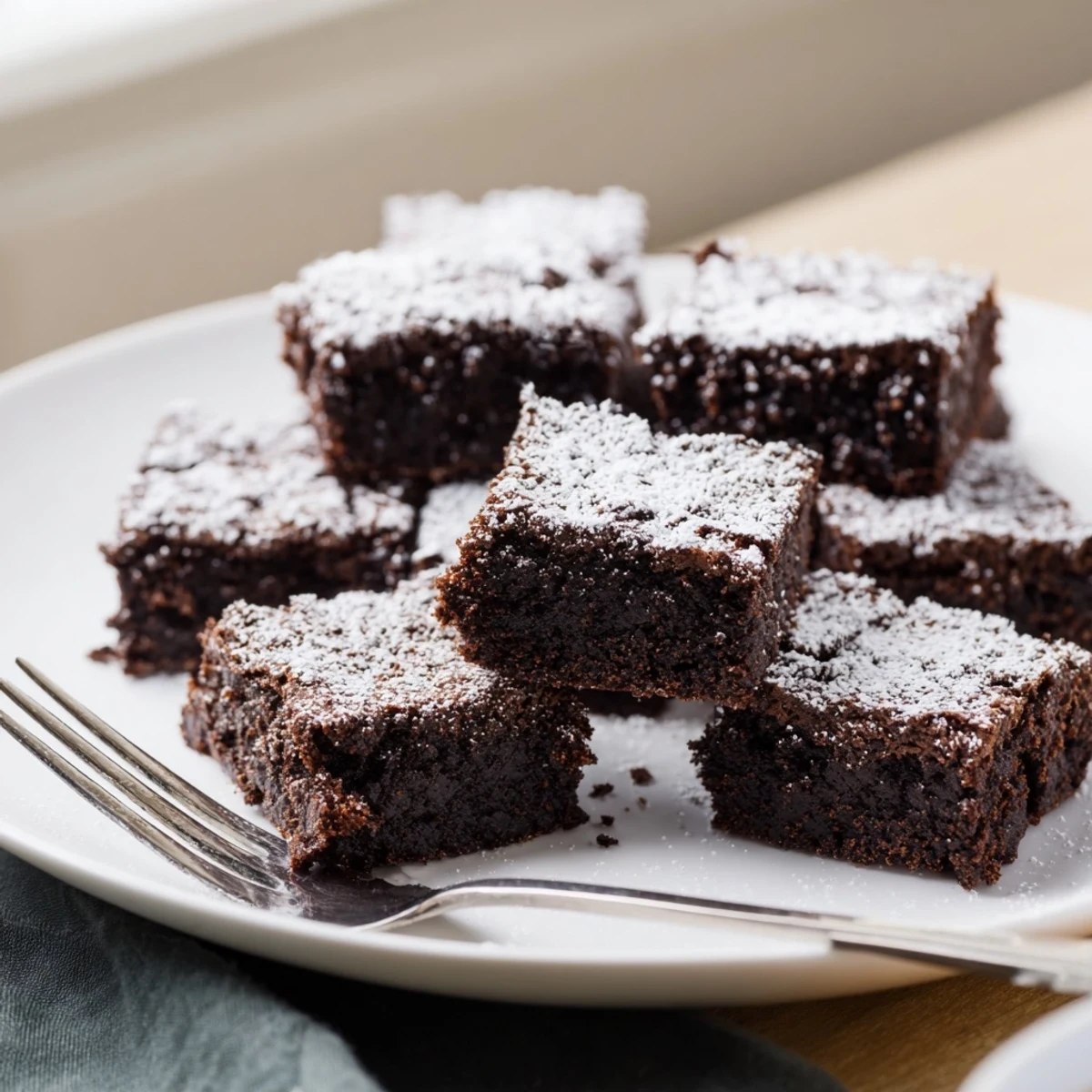 Warm, fudgy brownie squares dusted with powdered sugar, a perfect American dessert treat.