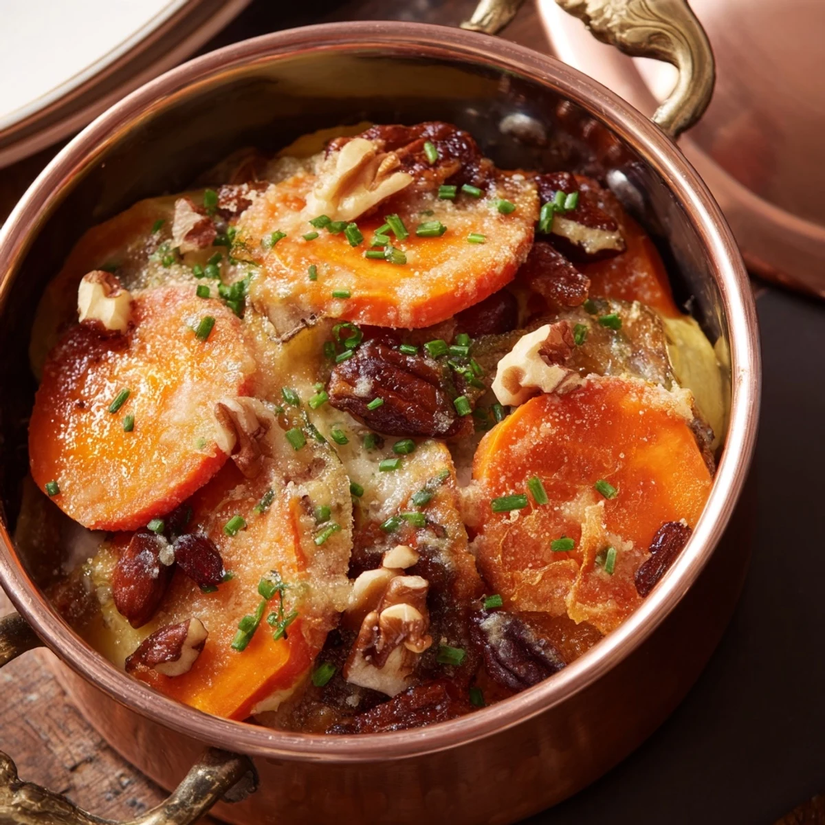 Golden, melted cheddar tops warm Copper Penny Warmth, a delightful roasted vegetable appetizer, ready to serve.