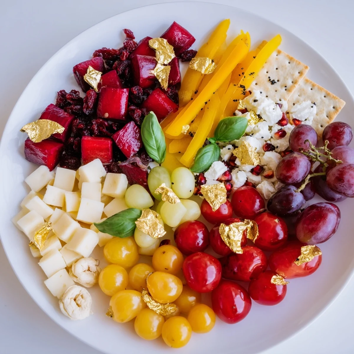 Vibrant photo shows the Crimson & Gold Gala cheese board, with wine-soaked cheeses and golden crackers arranged.