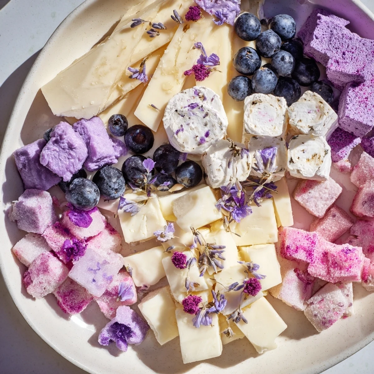 Beautiful Lavender Haze Dreamscape cheese board, perfect for a dreamy appetizer display with colorful fruits.