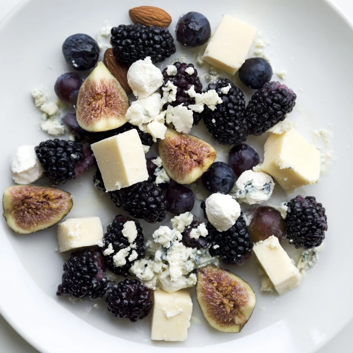 Deep Indigo Midnight Sky cheese board features blackberries, figs, and creamy cheeses arranged like a starlit night.