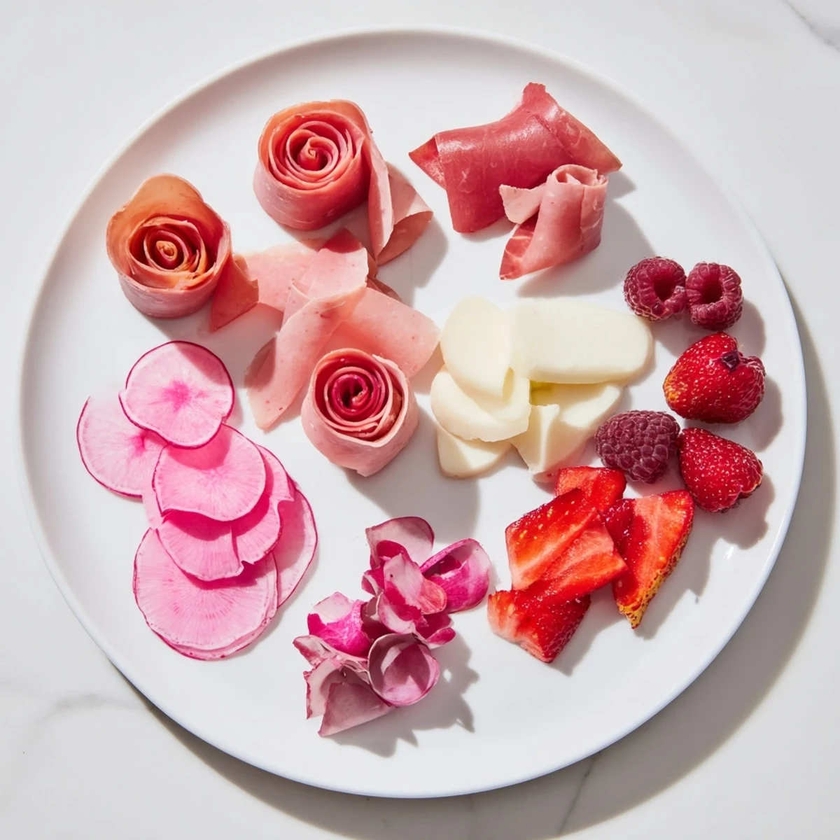 Pink Petal Watercolor Wash appetizer, a beautiful platter with vibrant pink charcuterie and radishes.