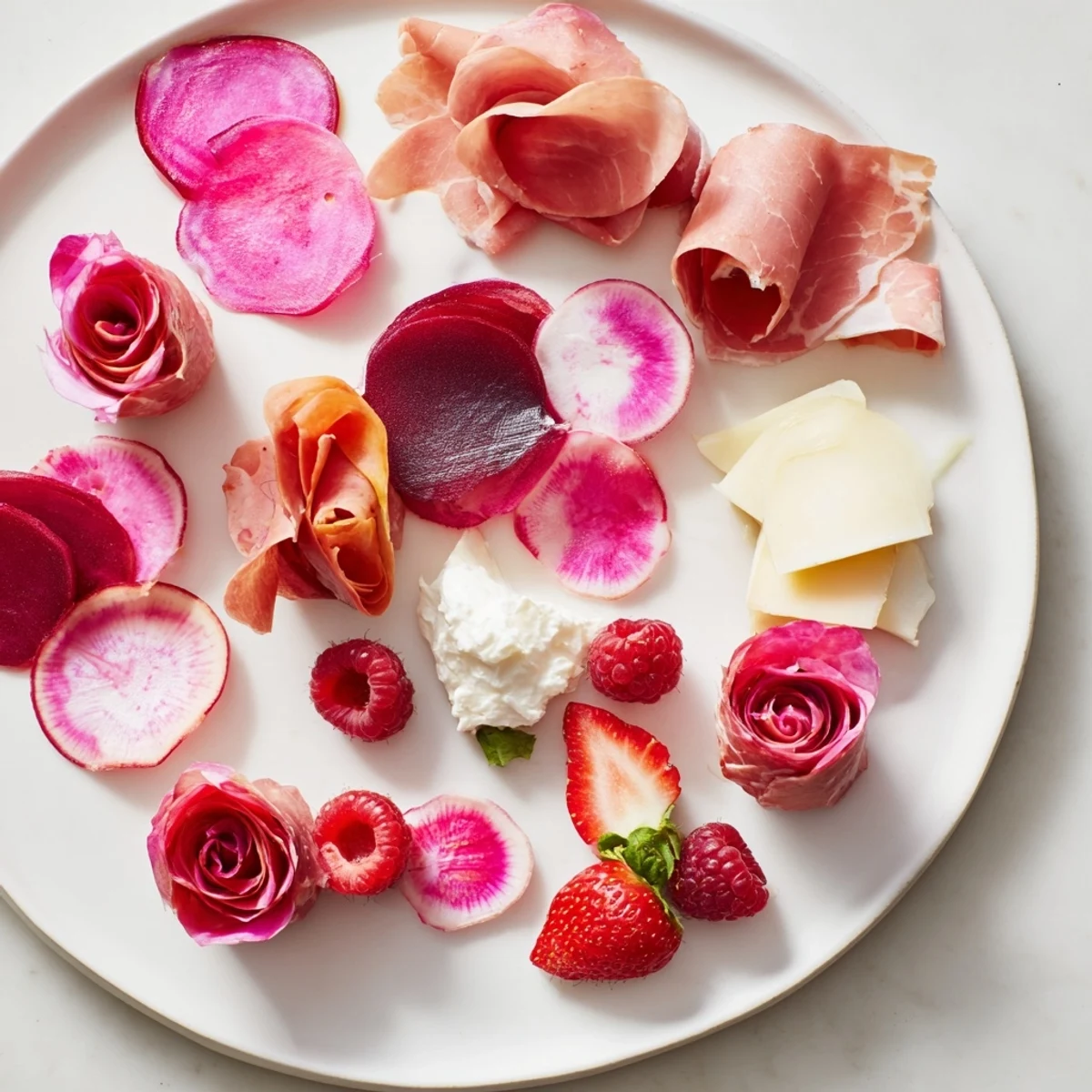 This Pink Petal Watercolor Wash recipe boasts layers of colorful meats, cheeses, and fresh berries.