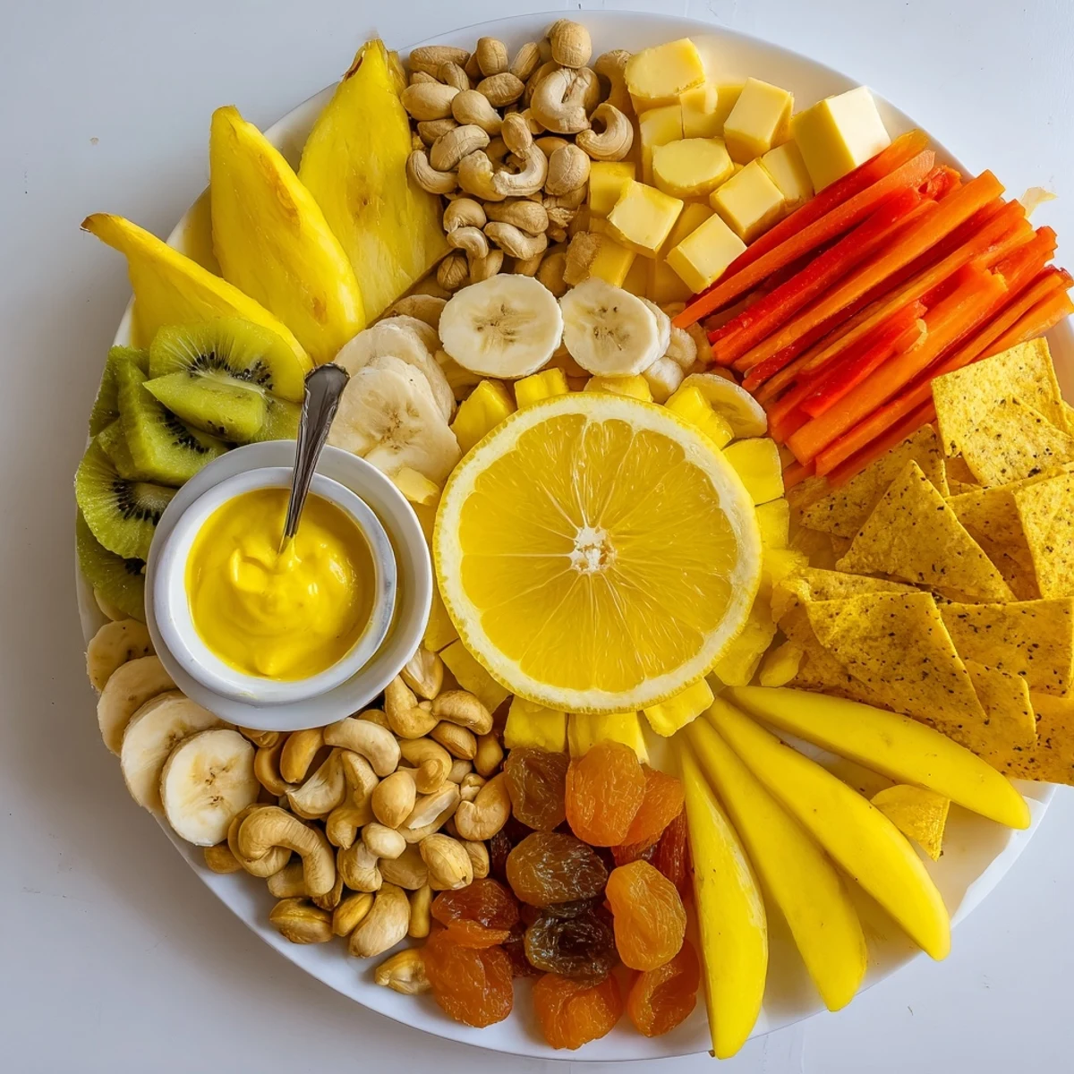 A sunny, colorful citrus burst grazing board featuring fresh fruits, cheeses, and crackers.