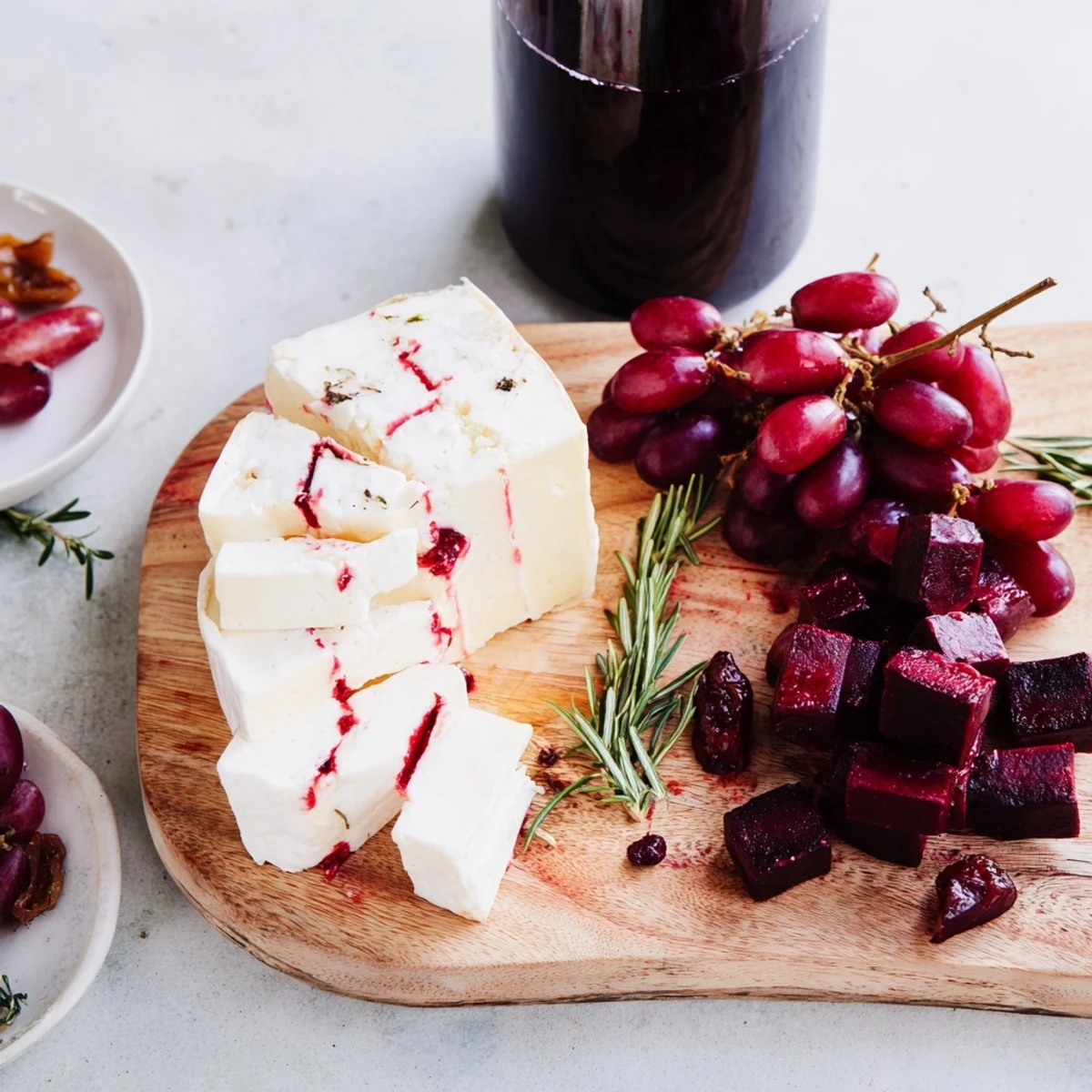 Vibrant Ruby Red Wine Stain Board with red-wine soaked cheeses offers delicious appetizer options.