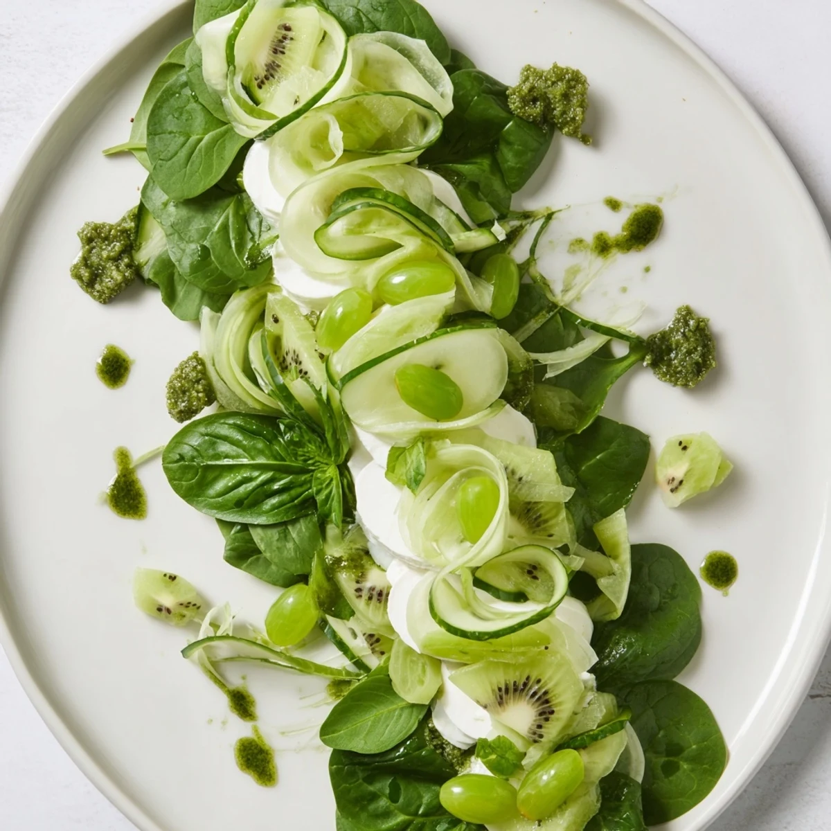 Fresh Emerald Isle Greenscape salad, with layers of green vegetables and a pesto dressing, ready to eat.