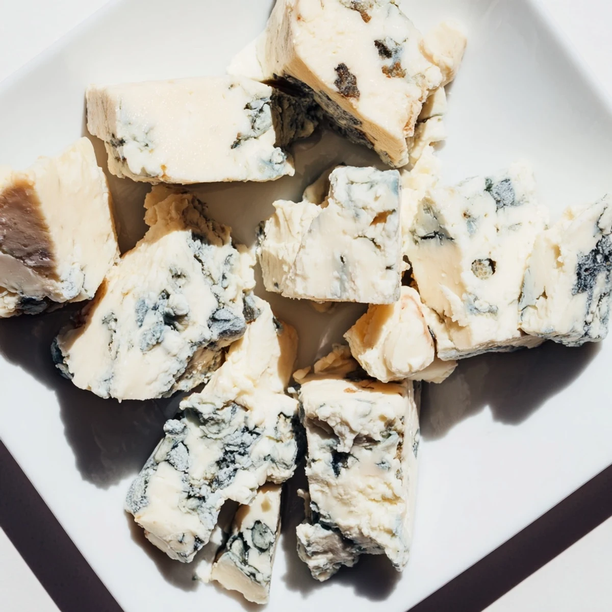 Eye-catching "Marble Quarry" cheese board: blue cheese and cheddar chunks on marble, ready to serve.