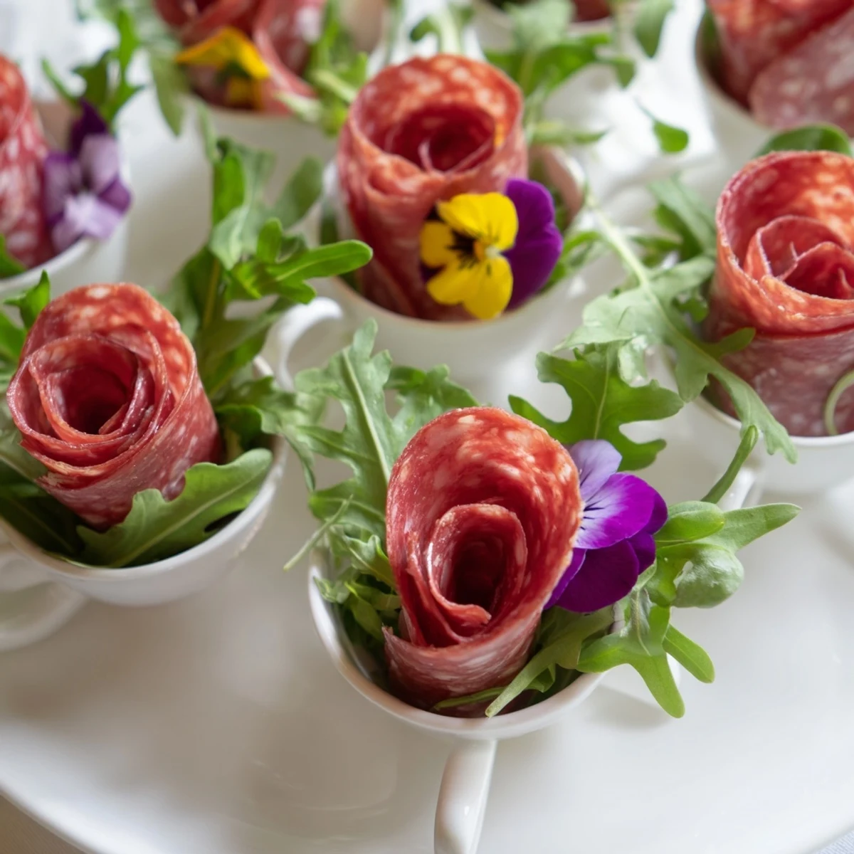 Victorian Tea Rose appetizer: beautifully arranged salami and pepperoni roses in dainty porcelain teacups, ready to enjoy.